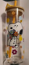 Snoopy Peanuts Woodstock Fiori Abbraccio Vetro Bicchiere Tazza Caffè con Coperchio e Cannuccia 