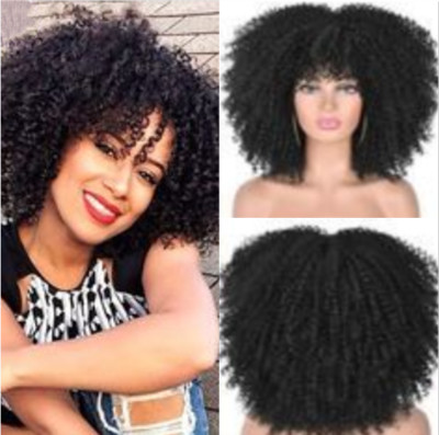 US STOCK Short Black Afro Kinky Curly Wig Synthetic Hair Wig Full Wig With Bangs