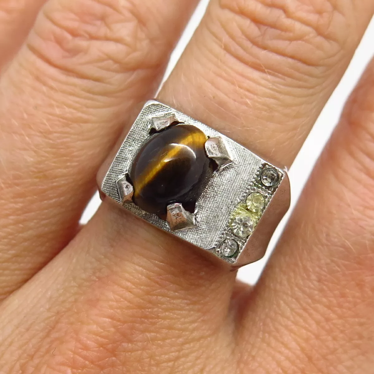 925 Sterling Silver Vintage Vargas Real Tiger Eye Gem Rhinestone