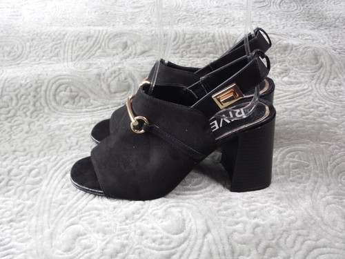 RIVER ISLAND Block Heel Slingback Sandals Gold Snaffle Black Faux Suede UK 5 38 - Picture 3 of 10