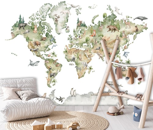Papel Tapiz Para Niños Mapa 368x254 Cm Habitación De Bebé Nursery Verde Blanco - Imagen 3 de 7