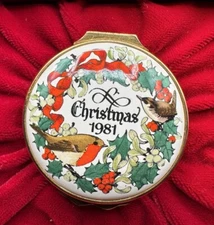Halcyon Days Enamels “Christmas Bird” 1981 Winter Flower Floral VTG Trinket Box