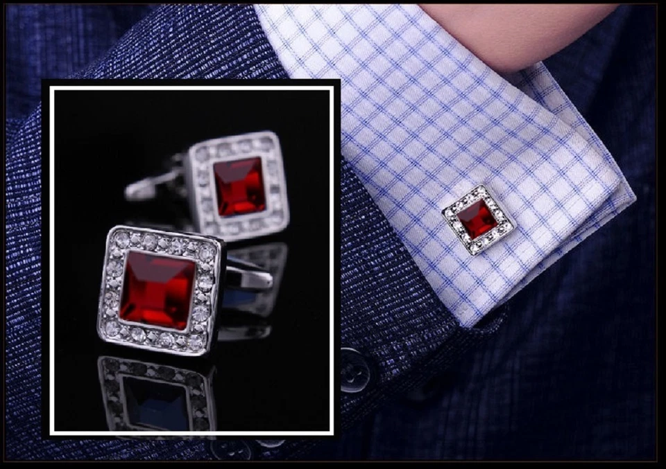 GEMELLI CAMICIA UOMO Donna con Cristalli Zirconi  CERIMONIA matrimonio Rosso - Immagine 2 di 2
