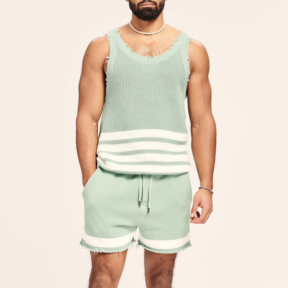 Casual beige knitted T-shirt and shorts set for men