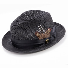 BLACK Solid Color Pinch Braided Fedora With Matching Satin Ribbon . SZ MED H-34