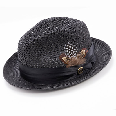 BLACK Solid Color Pinch Braided Fedora With Matching Satin Ribbon . SZ MED  H-34