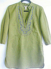 MANGO Embroidered Kaftan Tunic Ramie Moss Green V-neck  Size L Hippie Festival 