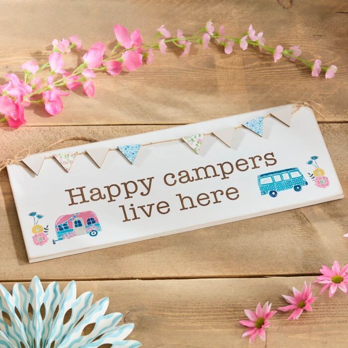 Happy Campers Live Here wooden hanging Plaque Sign Camping Caravan Campervan