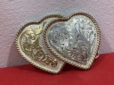 Vintage MONTANA SILVERSMITHS Silver Plate Gold Tone DOUBLE HEARTS Belt Buckle