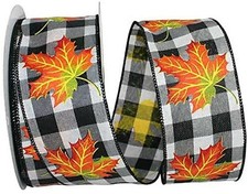 Fall Leaves Buffalo Plaid Ribbon - 2 1/2" x 10 Yards, Wired Edge, Thanksgiving