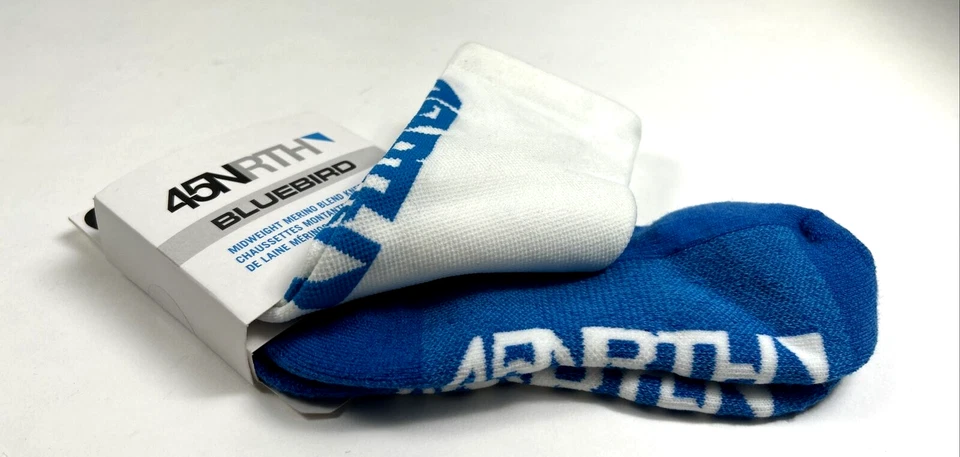 NUEVOS 45NRTH Calcetines Talla L Blanco AZUL Lana Peso Medio Hasta la Rodilla CICLISMO Foto 2 de 2