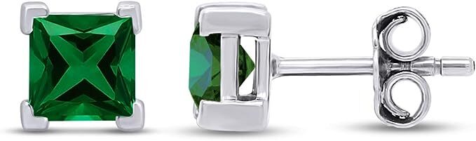 3mm Princess Cut Simulated Birthstone Stud Earrings in 14K White Gold Plated Silver