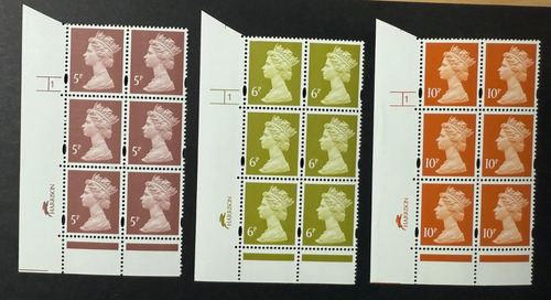 Machin 5p/6p/10p Harrison Cyl 1 blocks EME printing OFNP/PVA 2B AB phos MNH x 3