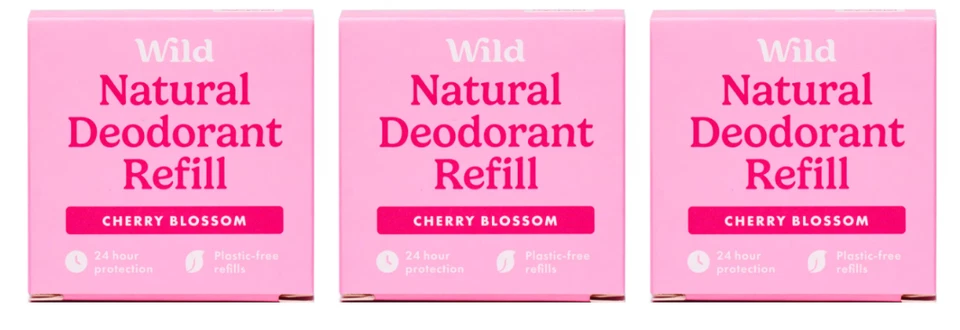 3 x Wild Natural Deodorant Refills. Cherry Blossom Fragrance. Plastic Free.