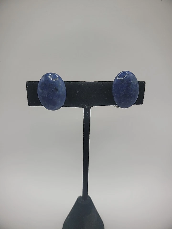 Vintage Earrings Clip On Sodalite Stone Gold Tone Jewelry Costume - Image 4 of 4