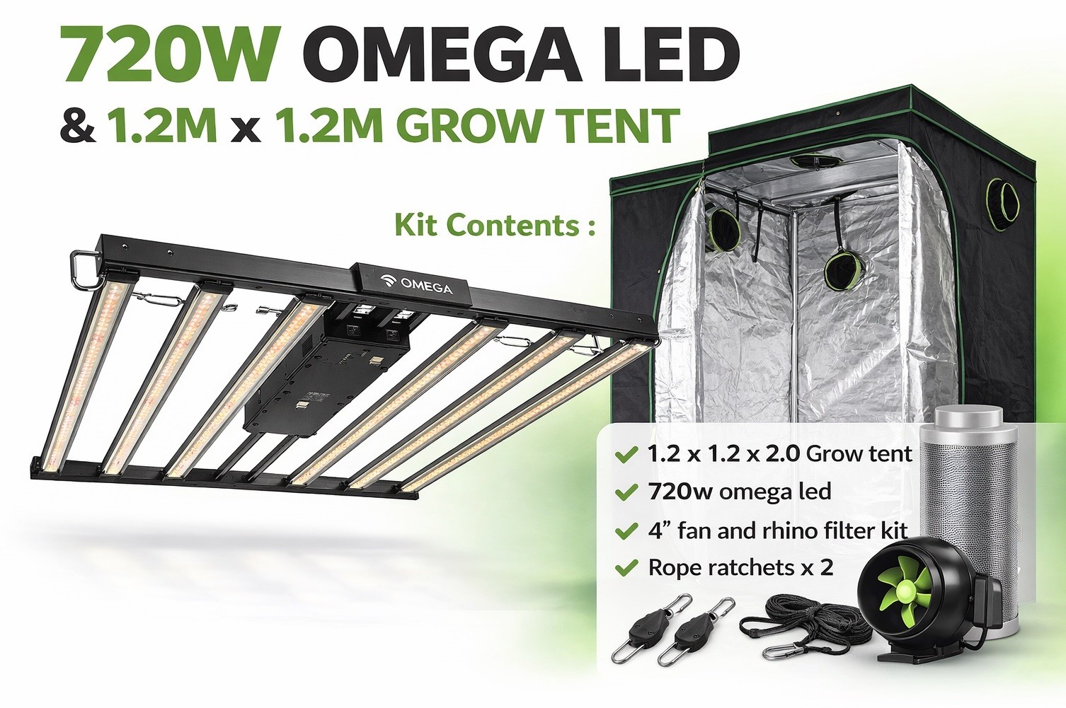 Growing Filter Grow Tent Kit Omega Black 720W LED – 1.2m x 1.2m Indoor Growing Fan ...