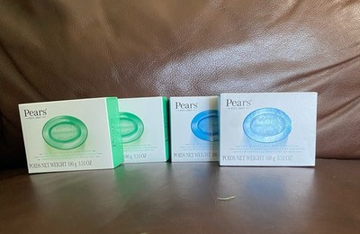 Pears Pure & Gentle Transparent Bar Soap Blue W/Mint & Green W/Lemon Flowers