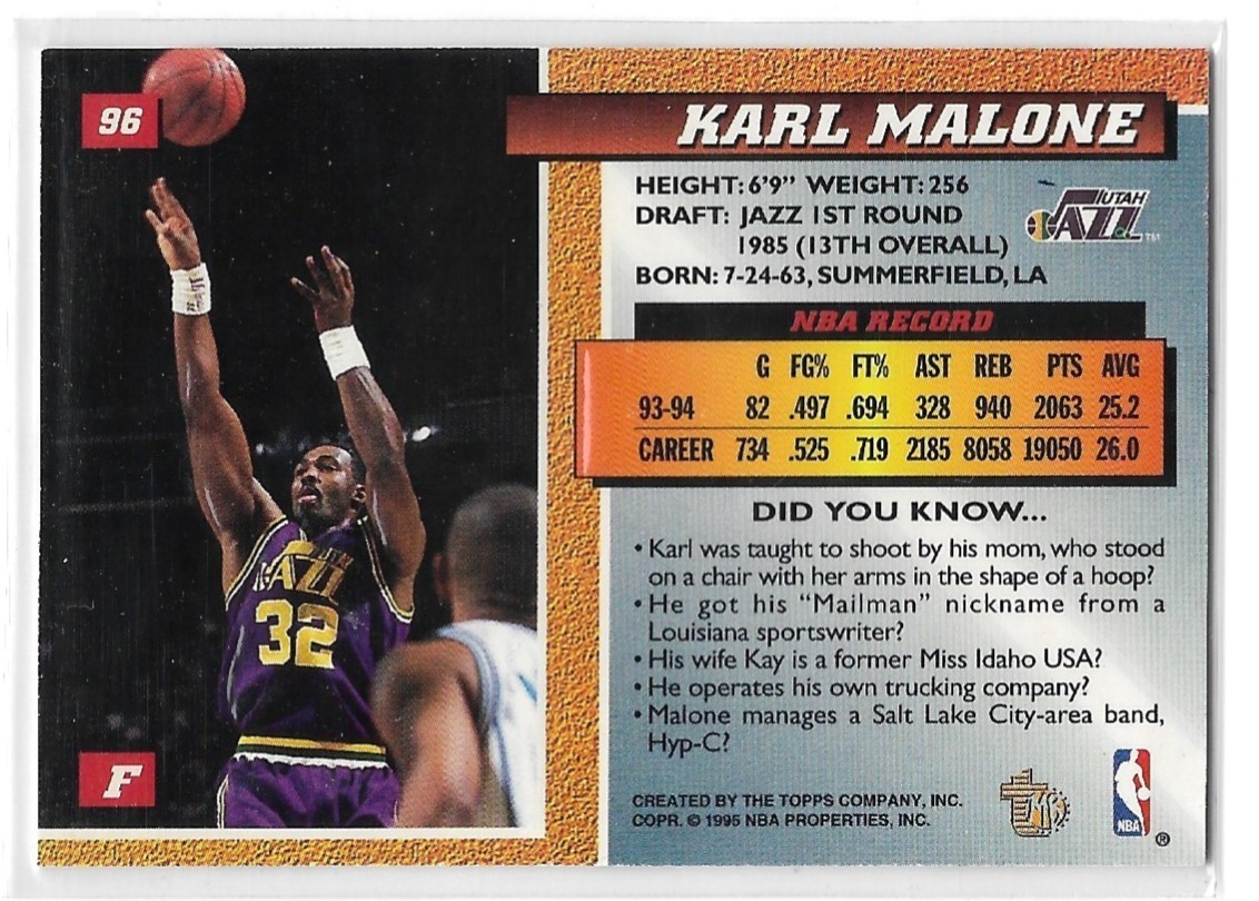 1995 Karl Malone TOPPS MB BASKETBALL GOLD EMBOSSED CARD #96 HOF | eBay