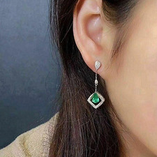 925 Sterling Silver Green Emerald  White CZ 2.90CT Dangle Earrings For Womens.