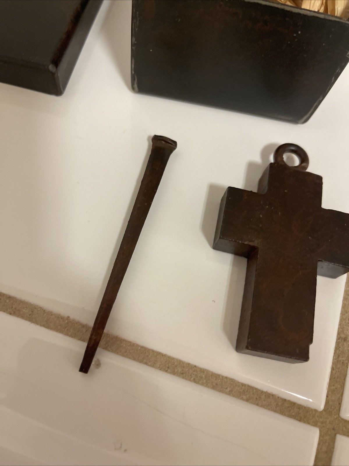 Jan Barboglio House Blessing Cross with Nail and Trinket Box Iron Forged Metal