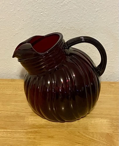 Vintage Anchor Hocking Royal Ruby Glass Ball Pitcher, Ribbed Design