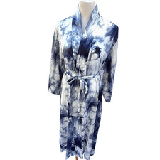 Natori Full Length Robe L Satin Loungewear Blue Tie Dye Belted Pockets Vtg