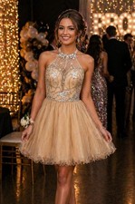 Champagne Nude Beaded Homecoming Dress Size 2 Halter Tulle Rhinestone Mini Prom