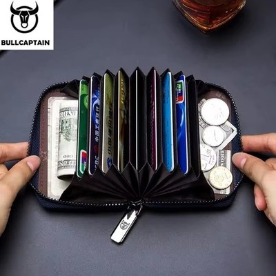 BULLCAPTAIN Men RFID Blocking Leather Card Holder Zipper Coin Purse