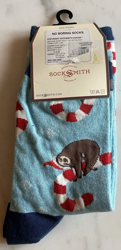 Meias femininas Socksmith Crew Merry Slothmas novidade calçado preguiça bengala doce - Imagem 2 de 4