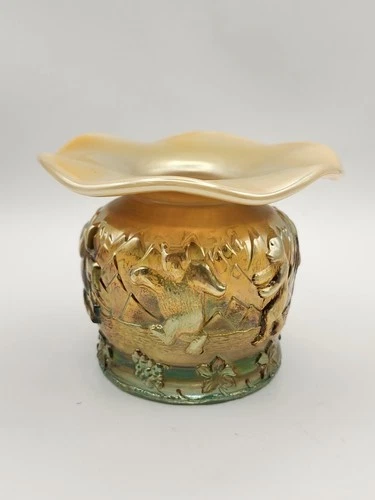 Fenton ICGA 1981 Frolicking Bears Spittoon Vase Aqua Carnival Glass Limited Run