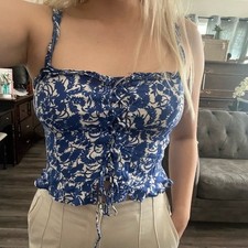 Zara Blue White Floral Lace Up Corset Crop Top Ruffle Cami Small