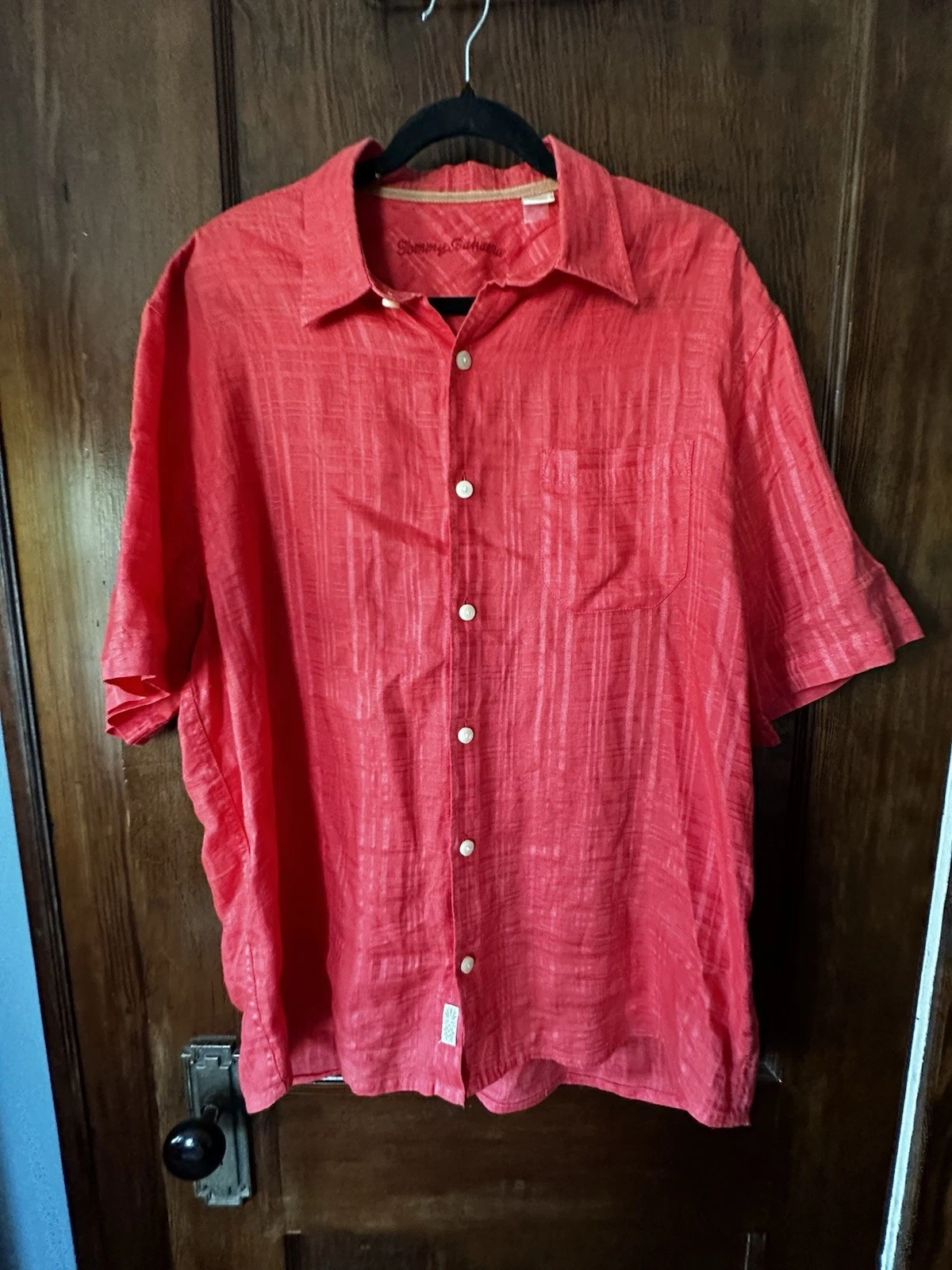 Caribbean Button Down Shirt Mens L Coral Red 100% Linen St. Martin