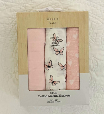 Modern Baby 3 Pack Cotton Muslin Blanket Set Pink/White Butterfly 36x44''
