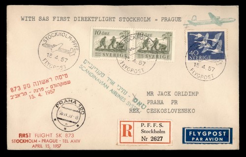 DR WHO 1957 SWEDEN FIRST FLIGHT SAS TO PRAGUE REGISTERED w3192
