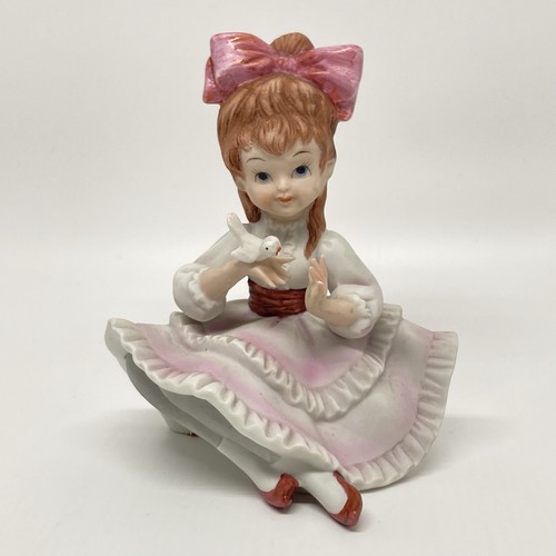 Figura Niña Bisque Lefton China Vintage Pájaro KW2262 Vestido Rosa 5" Porcelana - Imagen 8 de 8