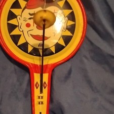 Vintage Tin Litho Clown Face Paddle Ball Spinning Top Toy Red Yellow Black