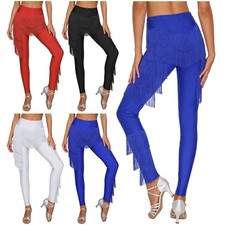 Women Long Pants Stage Costume Ballroom Trousers Practice Fringed Mesh Dance