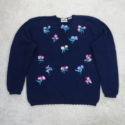 Northern Reflections Pullover Damen Large Navy Blumen bestickt Cottagecore 90er