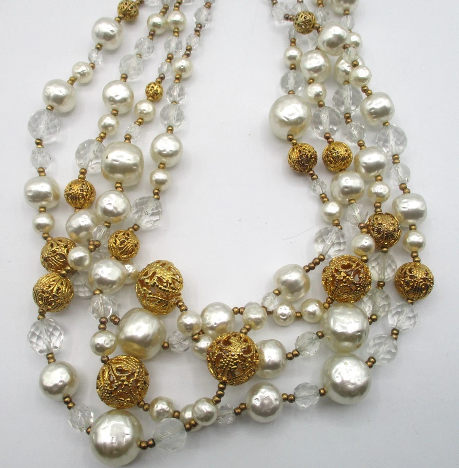 COLLAR RJ GRAZIANO LLAMATIVO ~ 4 HEBRAS PERLAS DE IMITACIÓN, TONO DORADO, CUENTAS DE CRISTAL Foto 2 de 4