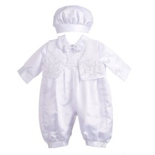 Infant Baby Boy Christening Baptism Outfit Satin Romper Bodysuit Set with Bon...