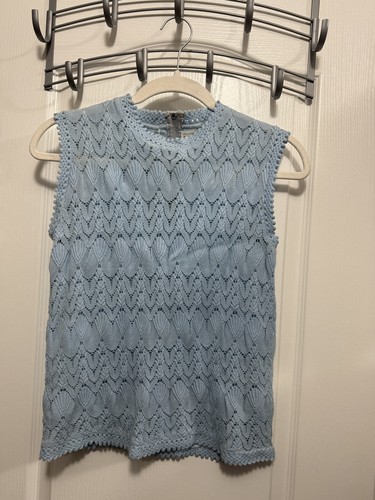 Vintage 60 Vienna Lace Knit Sleeveless Top Shell Tank S Blue Delicate Japan - Picture 1 of 21