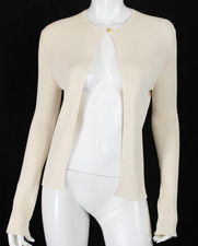 CHANEL 02P Cream White Thin Ribbed Knit CC Logo Button Cardigan Sweater 42