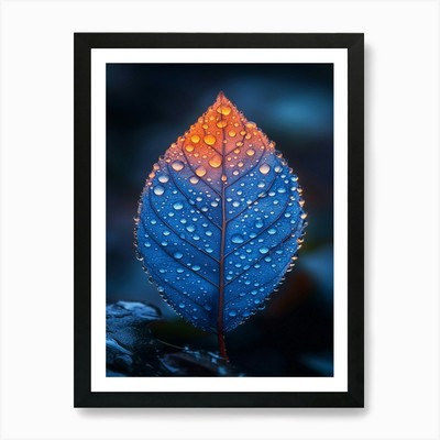 Blaues Blatt mit Wassertropfen 14 Bogen gerahmt Wandbild Poster Leinwanddruck Bild