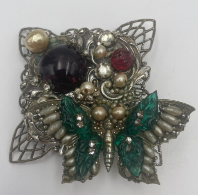 Incredible Vtg Gripoix Sterling Poured Glass Pearl Amethyst Butterfly Brooch Pin