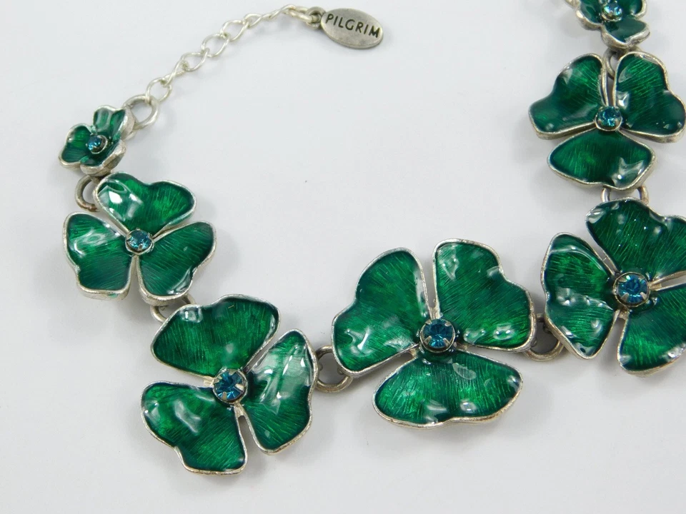 Pulsera PILGRIM Tono Plata Esmalte Verde Flor Eslabón Azul Estrás 6-7.5" Foto 2 de 4