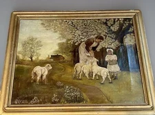 19TH C AMERICAN FOLK ART PAINTING PRIMITIVE OIL ON CANVAS SHEEP PASTURE SIGNED