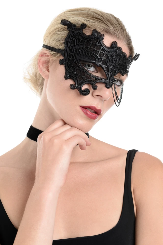 Zac's Alter Ego Black Mesh & Rubber Masquerade Mask with Hanging Triple Chain - Image 2 of 4