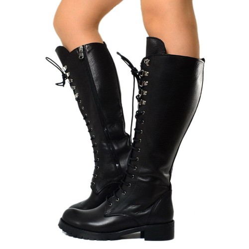 Stivali Donna Anfibi Alti Biker Moto in Pelle Stringati al Ginocchio Metal  F380 | eBay