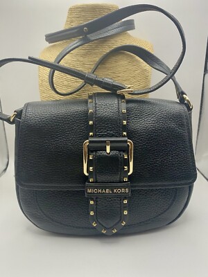Michael Kors Studded Lillian Black Crossbody Bag with Gold Buckle