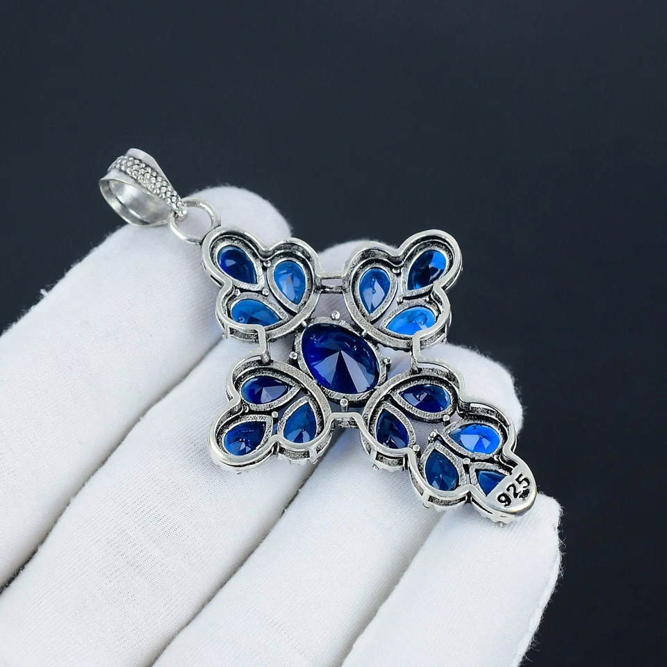 Zaffiro Blu Gemma a Mano 925 Pendente Argento Sterling Per Compleanno Regali - Immagine 3 di 4